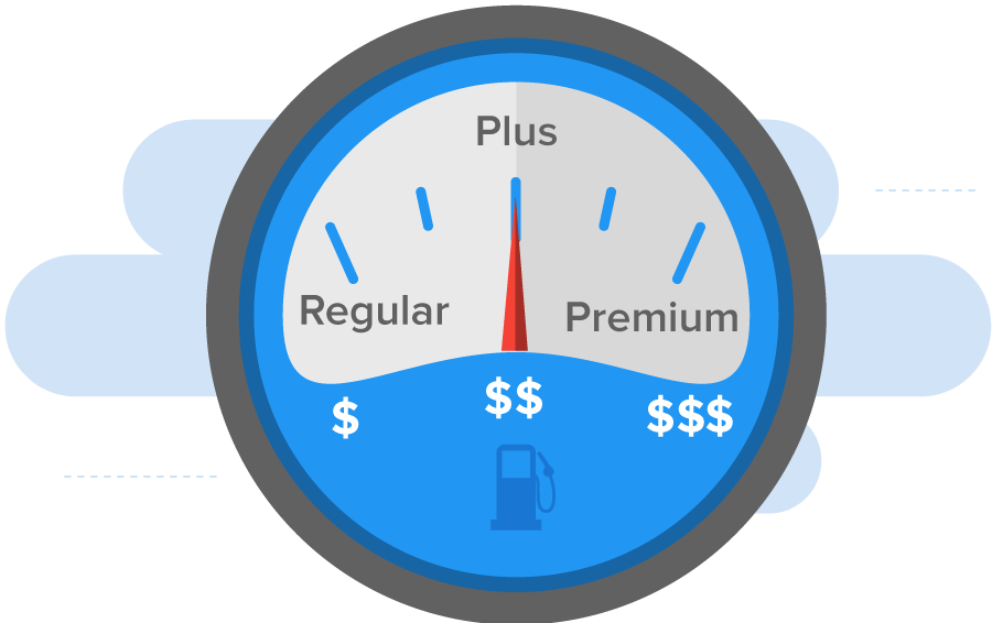 Regular, Plus, and Premium gas, with dollar signs indicating price levels.