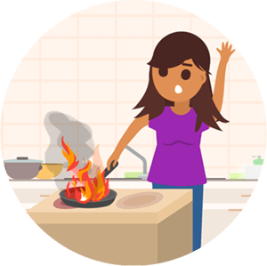 A woman starting a kitchen fire