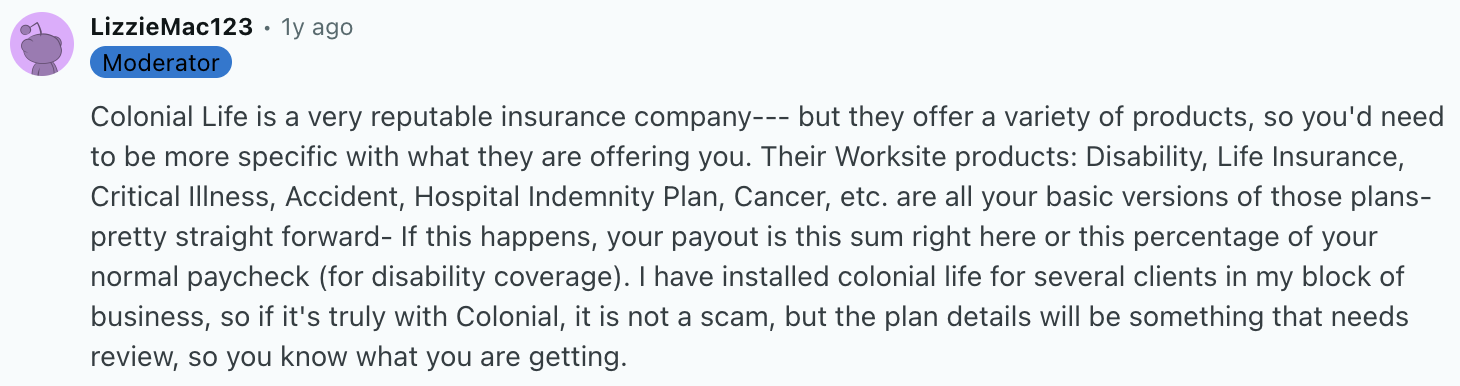 Reddit Post Screenshot: Colonial Life Insurance Review 