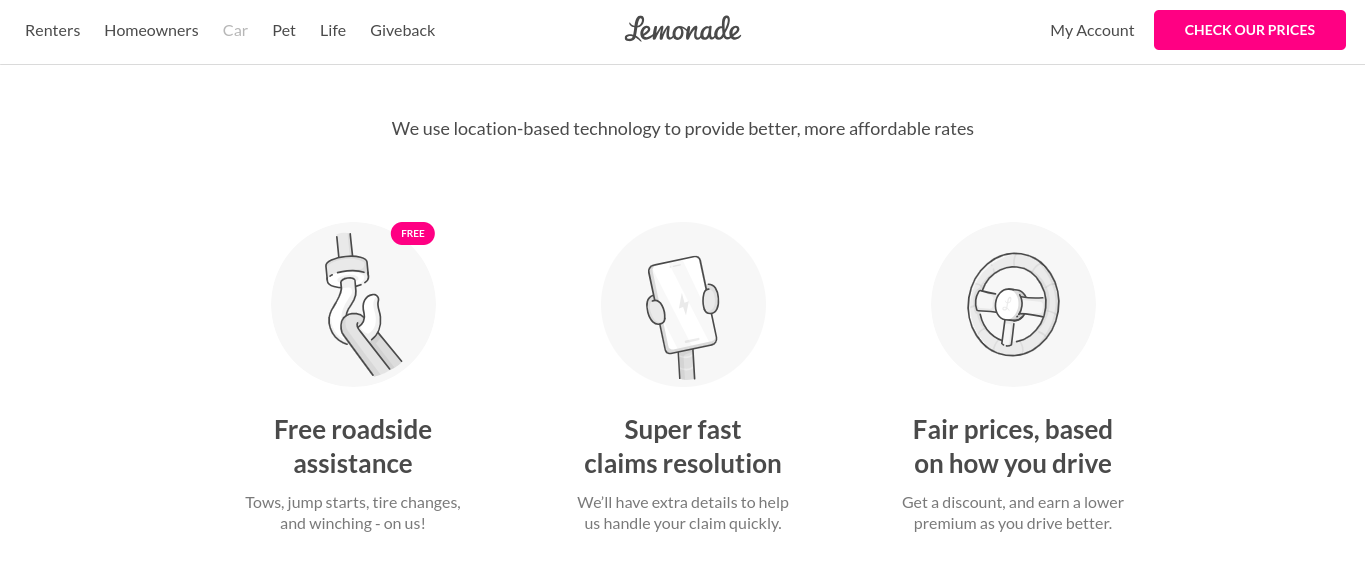 lemonade site screenshot: usage-based auto insurance