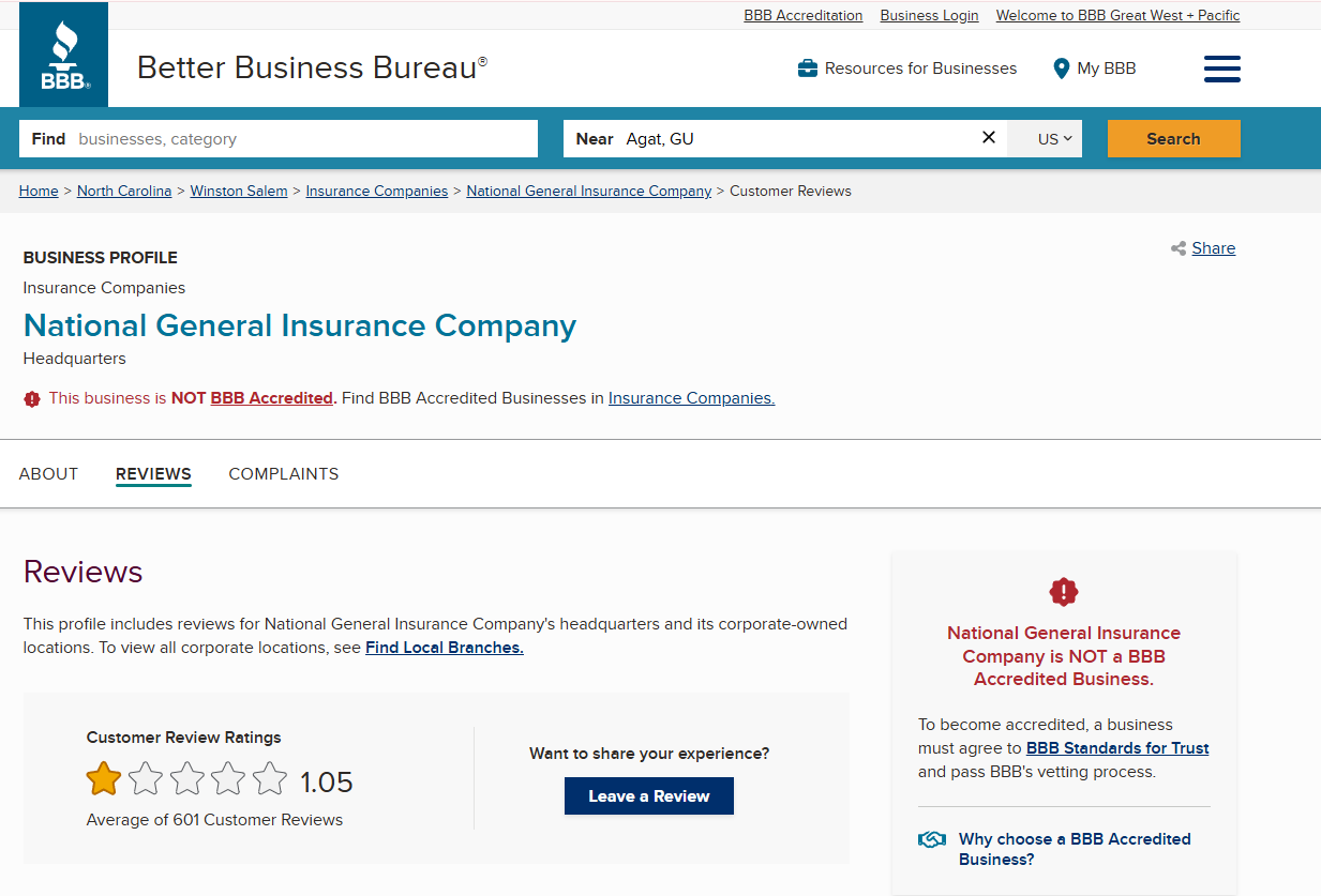 National General insurance BBB review Screenshot: National General Insurance Review