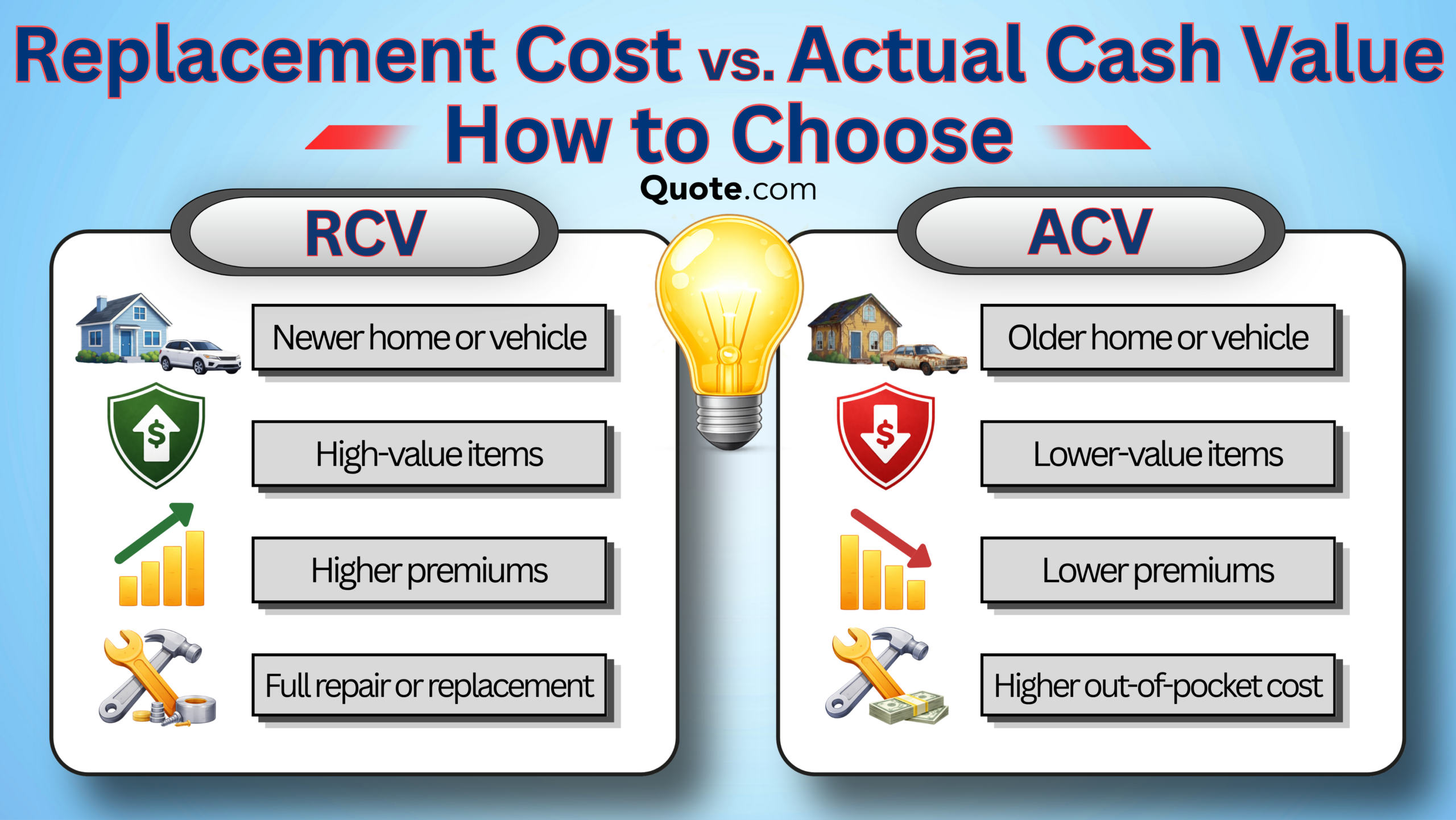 Replacement Cost vs. Actual Cash Value How to Choose Infographic Replacement Cost vs. Actual Cash Value How to Choose Infographic
