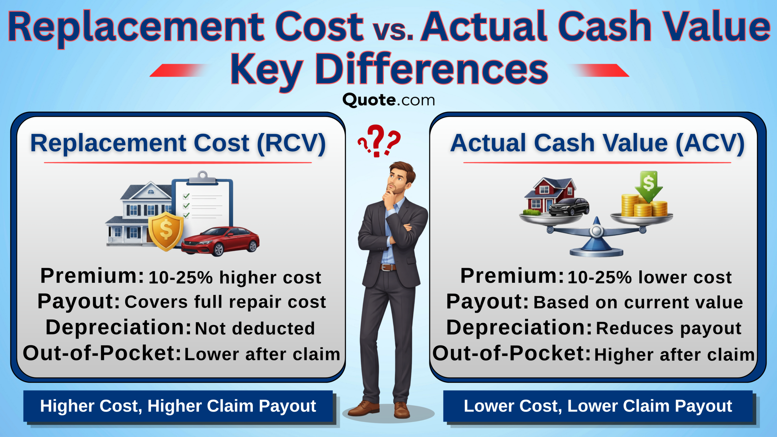 Replacement Cost vs. Actual Cash Value Key Differences Infographic Replacement Cost vs. Actual Cash Value Key Differences Infographic