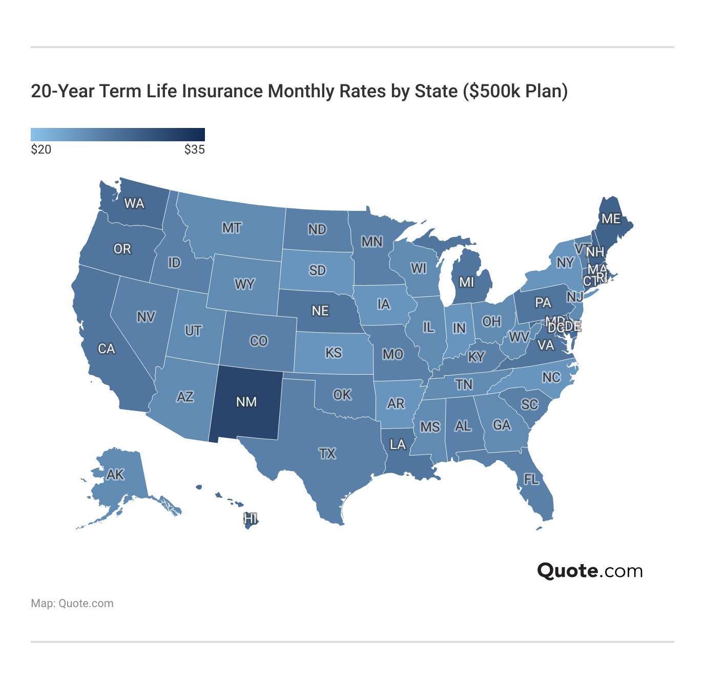 <h3>20-Year Term Life Insurance Monthly Rates by State ($500k Plan)</h3> 