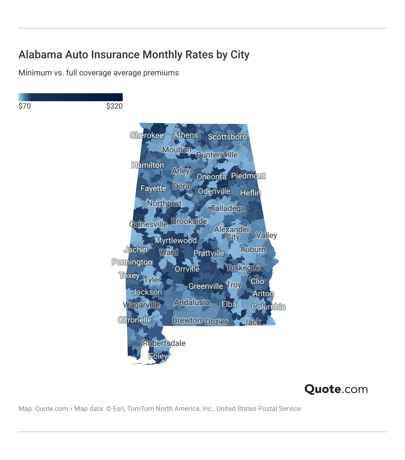<h3>Alabama Auto Insurance Monthly Rates by City</h3>