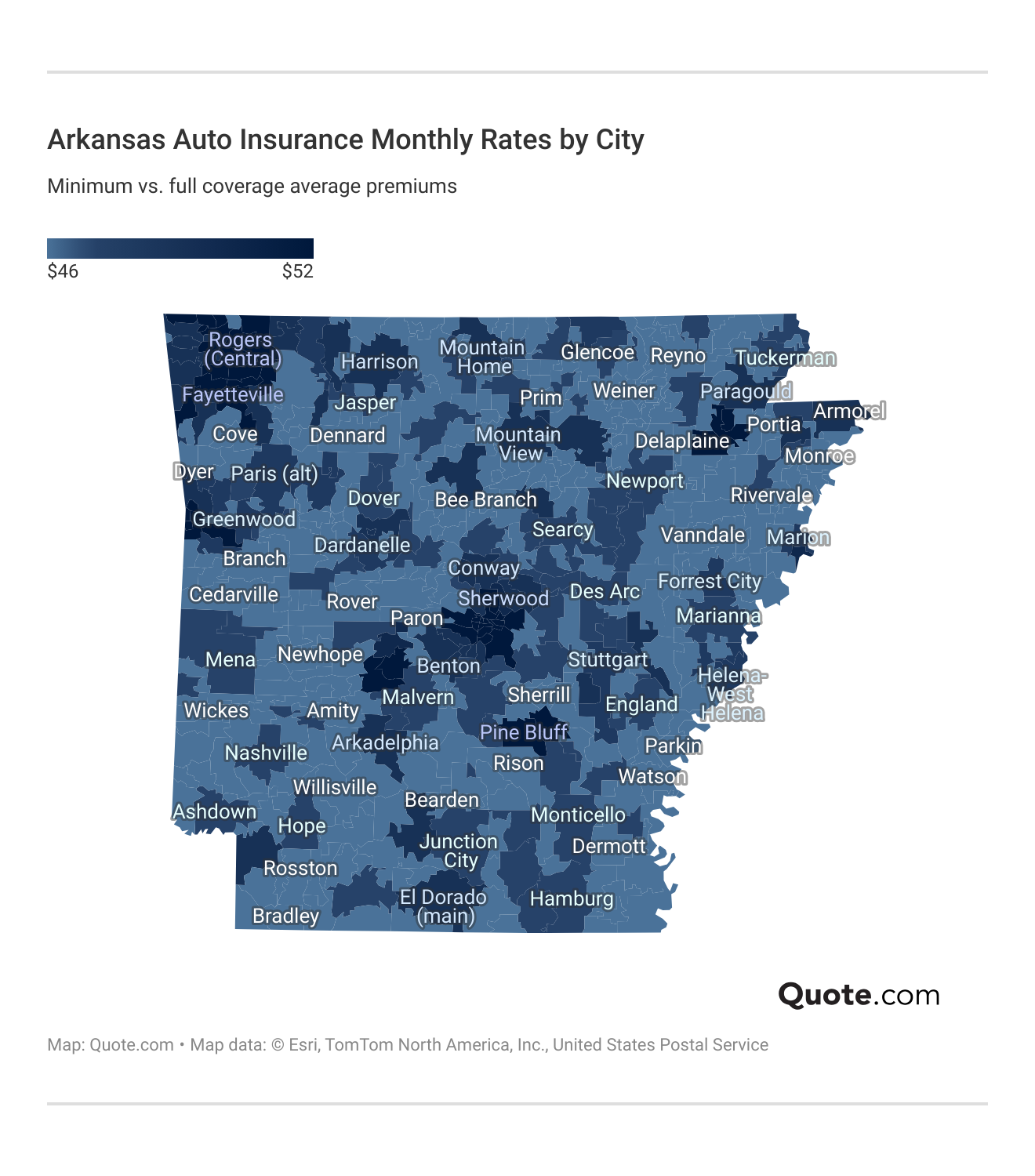 <h3>Arkansas Auto Insurance Monthly Rates by City</h3>