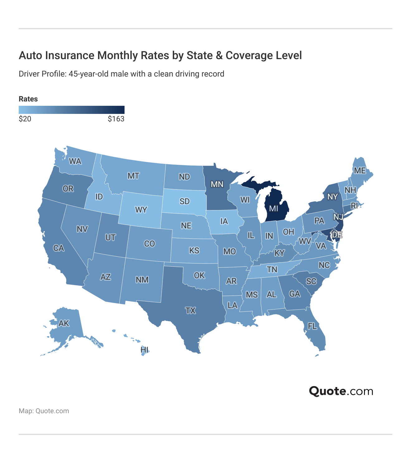 <h3>Auto Insurance Monthly Rates by State & Coverage Level</h3>