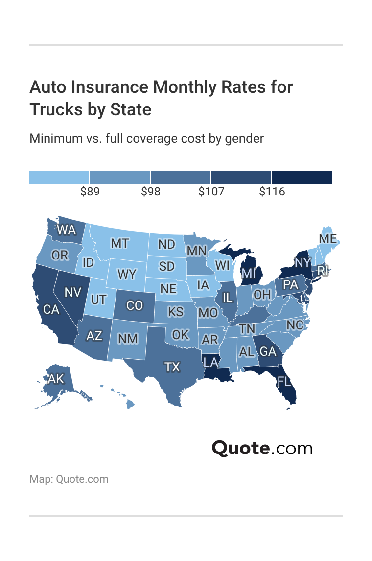 <h3>Auto Insurance Monthly Rates for Trucks by State</h3>
