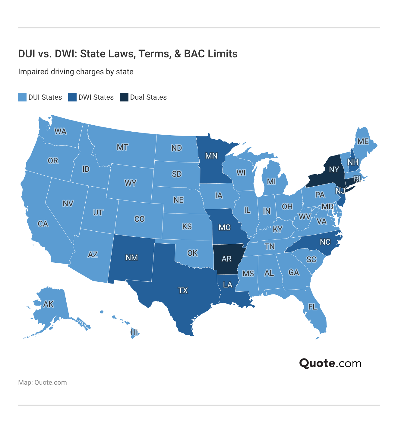 <h3>DUI vs. DWI: State Laws, Terms, & BAC Limits</h3> <h3>DUI vs. DWI: State Laws, Terms, & BAC Limits</h3>