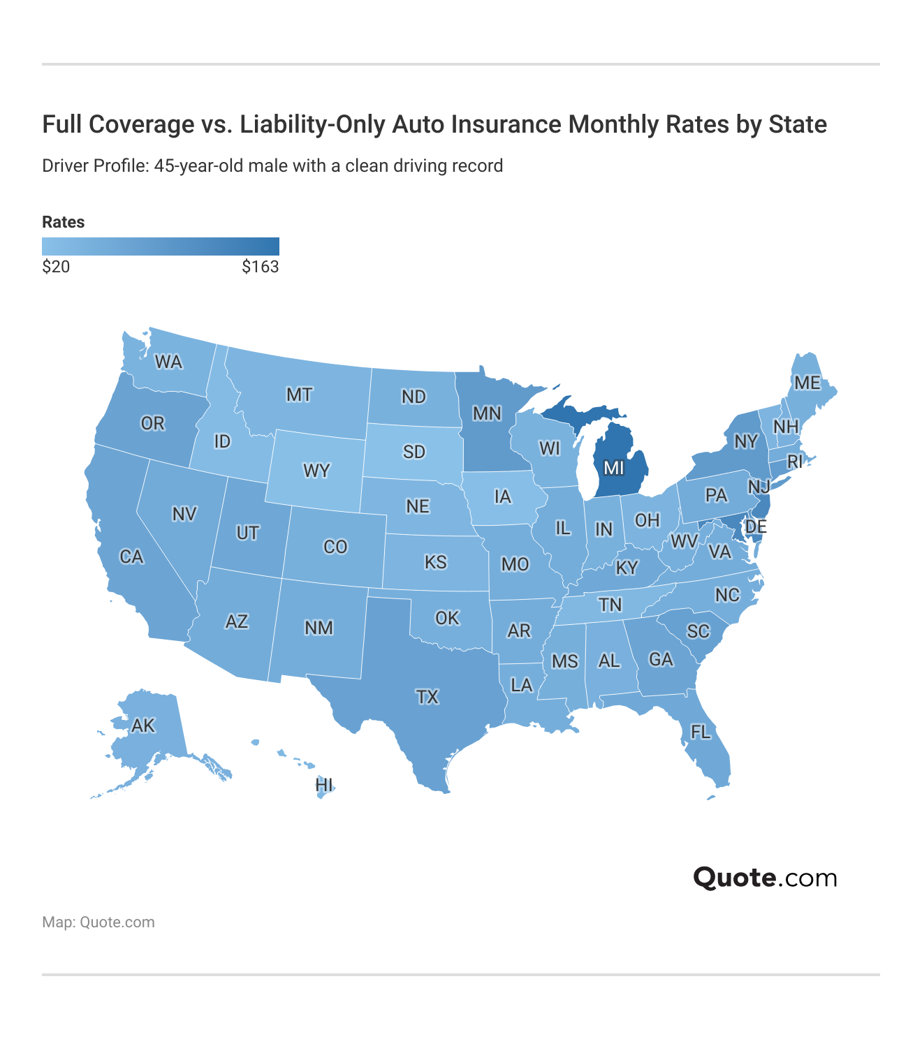 <h3>Full Coverage vs. Liability-Only Auto Insurance Monthly Rates by State</h3>