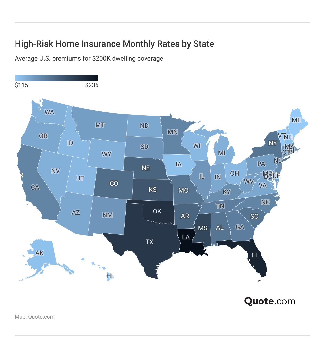 </h3>High-Risk Home Insurance Monthly Rates by State</h3>