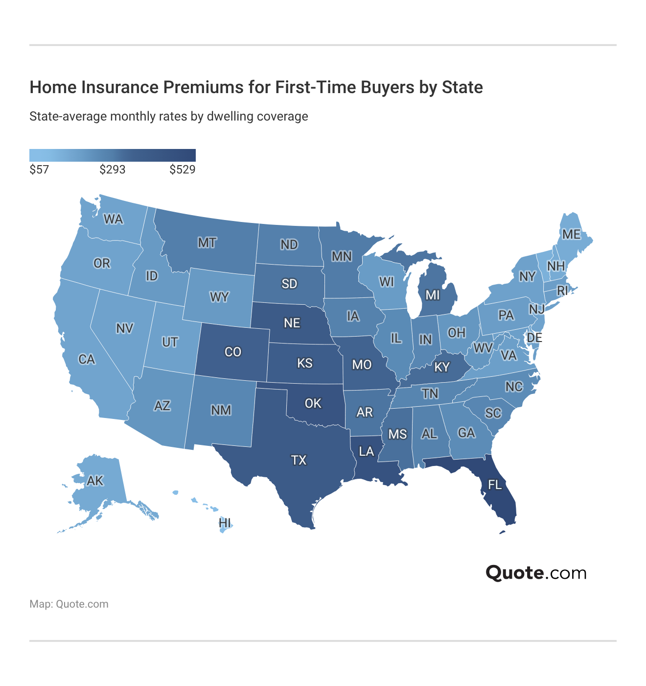 <h3>Home Insurance Premiums for First-Time Buyers by State</h3>
