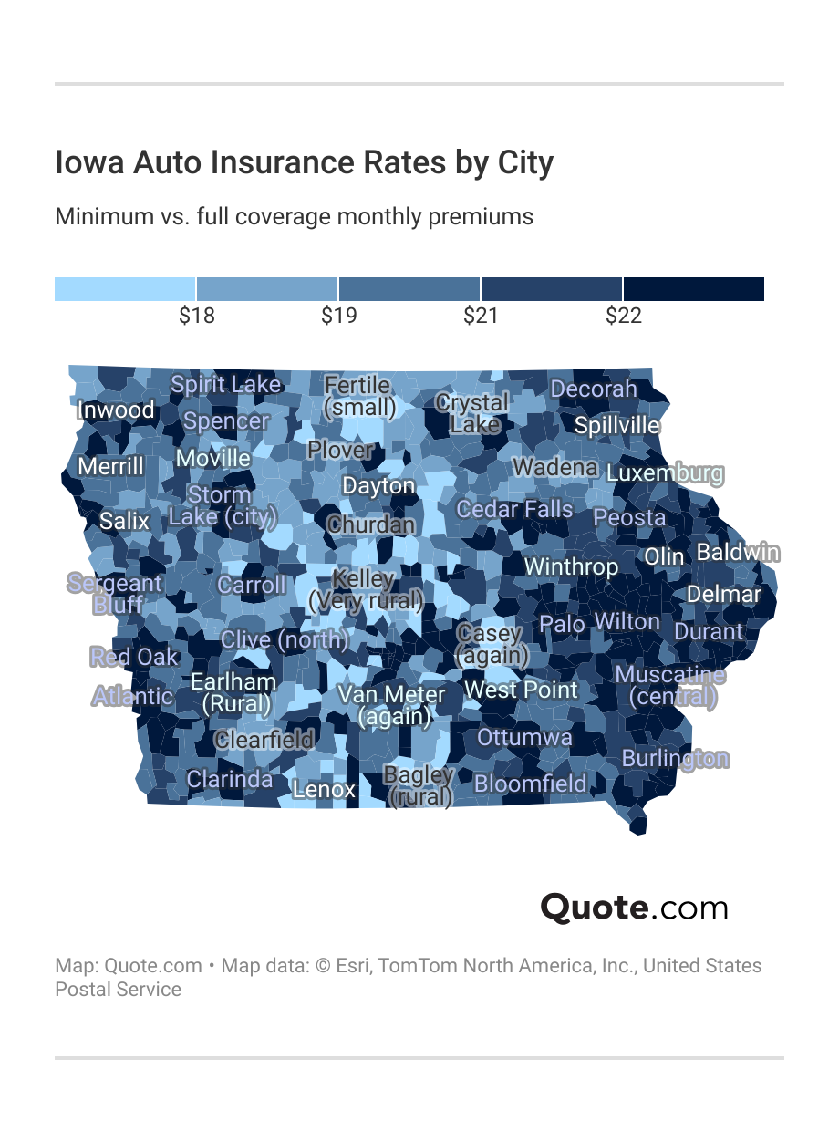 <h3>Iowa Auto Insurance  Rates by City</h3>