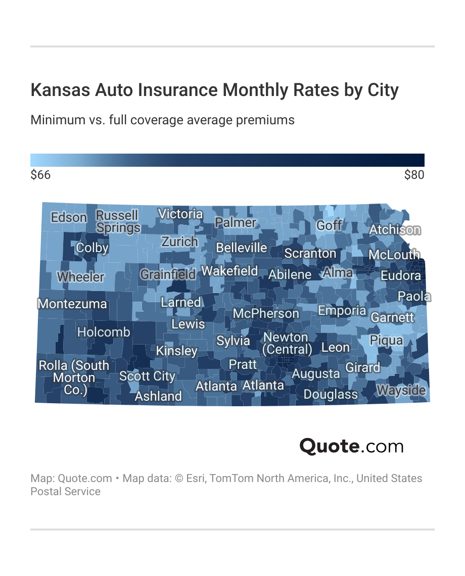 <h3>Kansas Auto Insurance Monthly Rates by City</h3>
