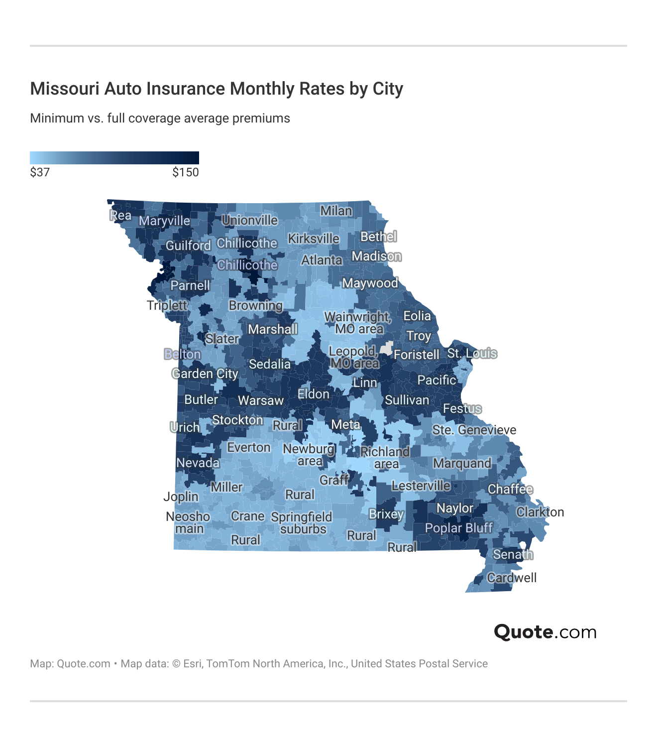 <h3>Missouri Auto Insurance Monthly Rates by City<h/3>