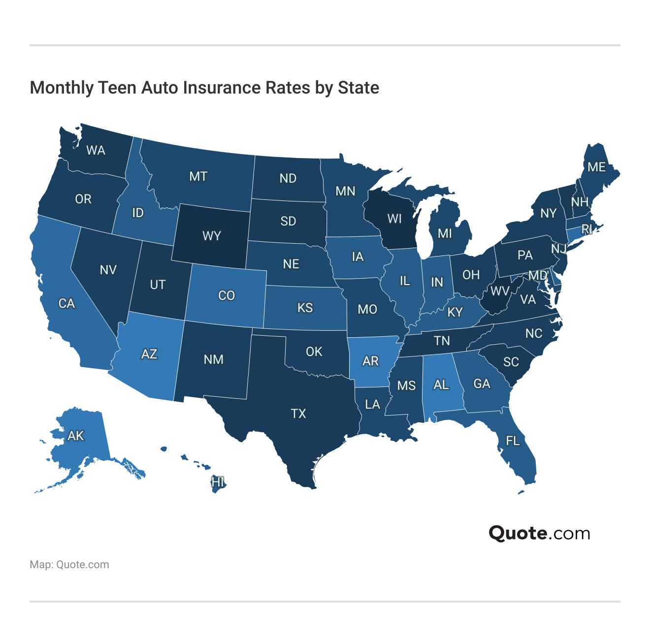 <h3>Monthly Teen Auto Insurance Rates by State</h3>
