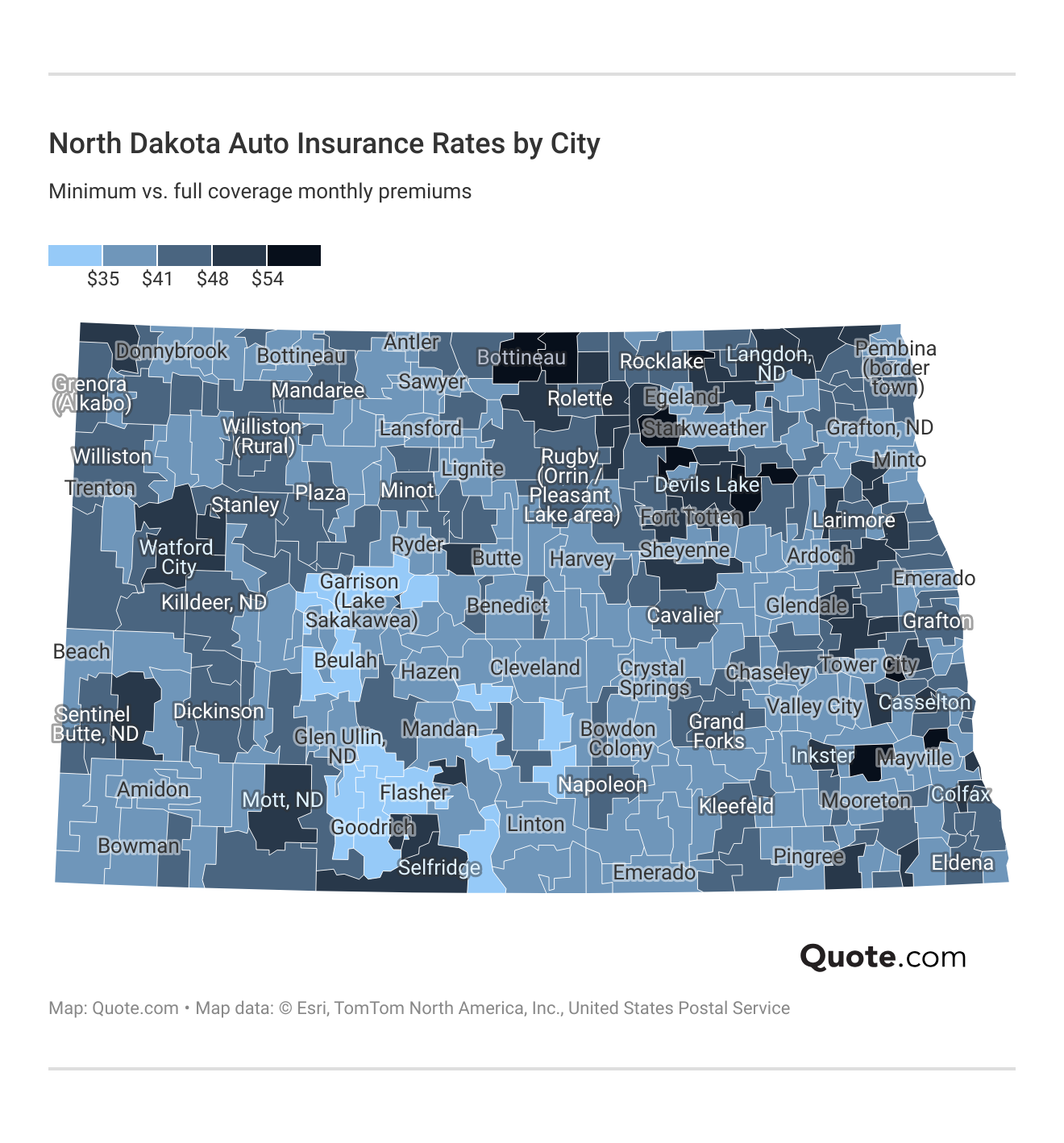 </h3>North Dakota Auto Insurance Rates by City</h3>