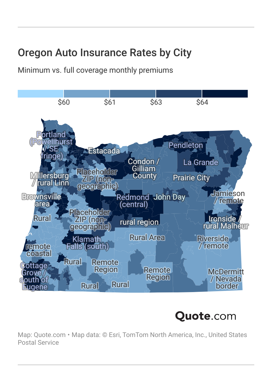 <h3>Oregon Auto Insurance Rates by City</h3>