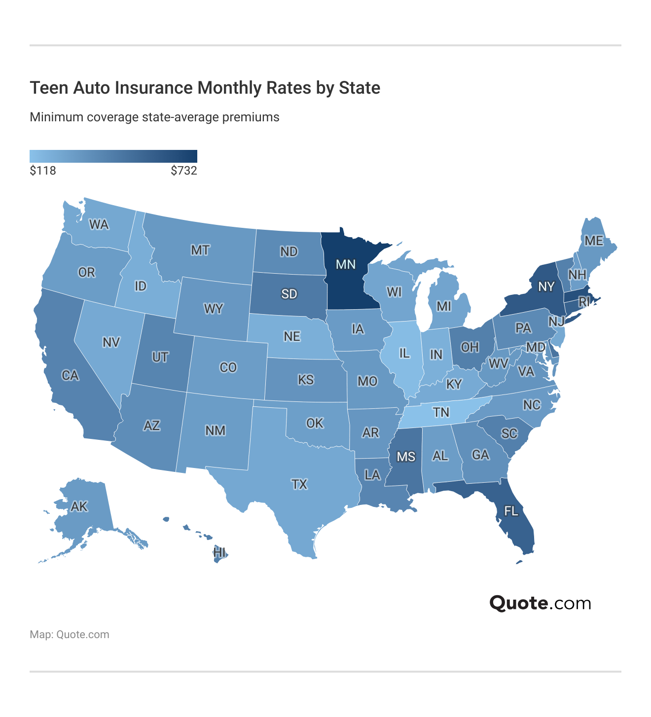 <h3>Teen Auto Insurance Monthly Rates by State</h3>