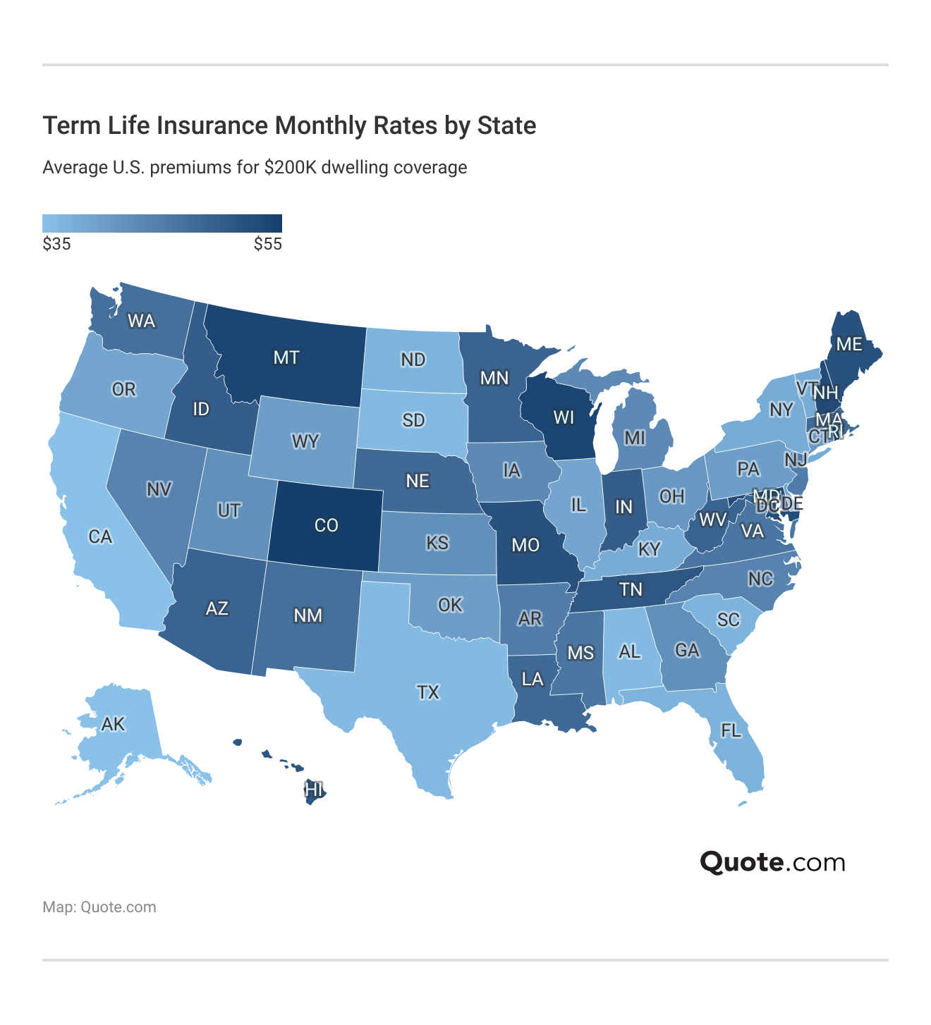 </h3>Term Life Insurance Monthly Rates by State</h3>