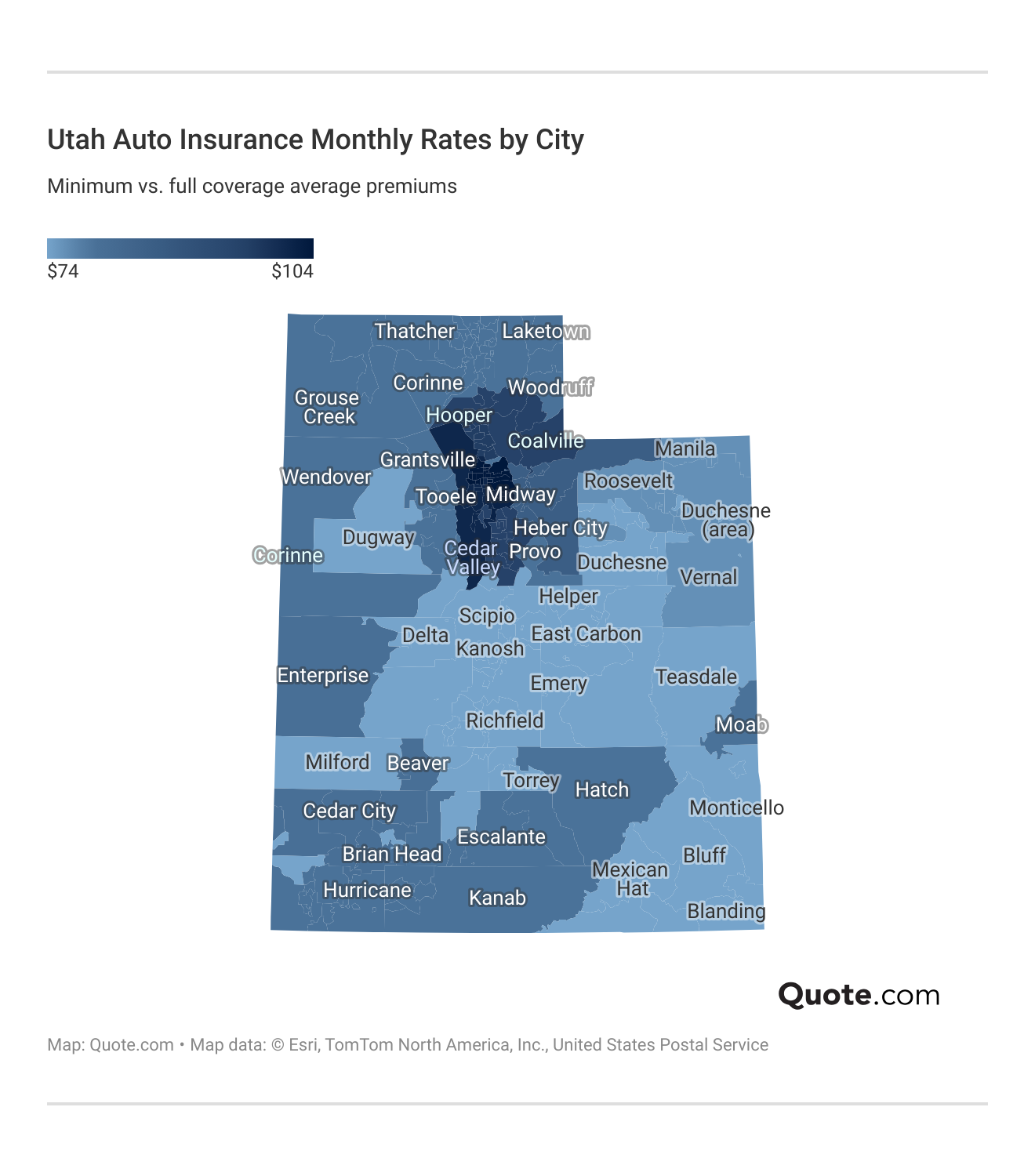 <h3>Utah Auto Insurance Monthly Rates by City<h/3>