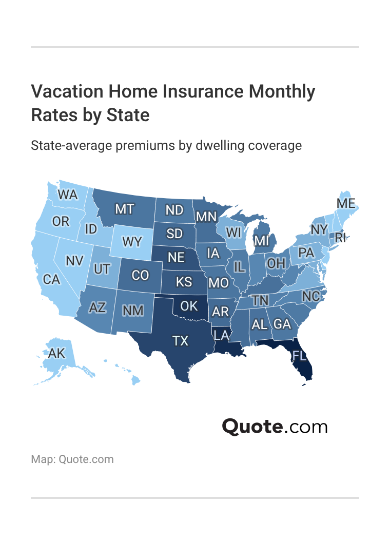 <h3>Vacation Home Insurance Monthly Rates by State</h3> 