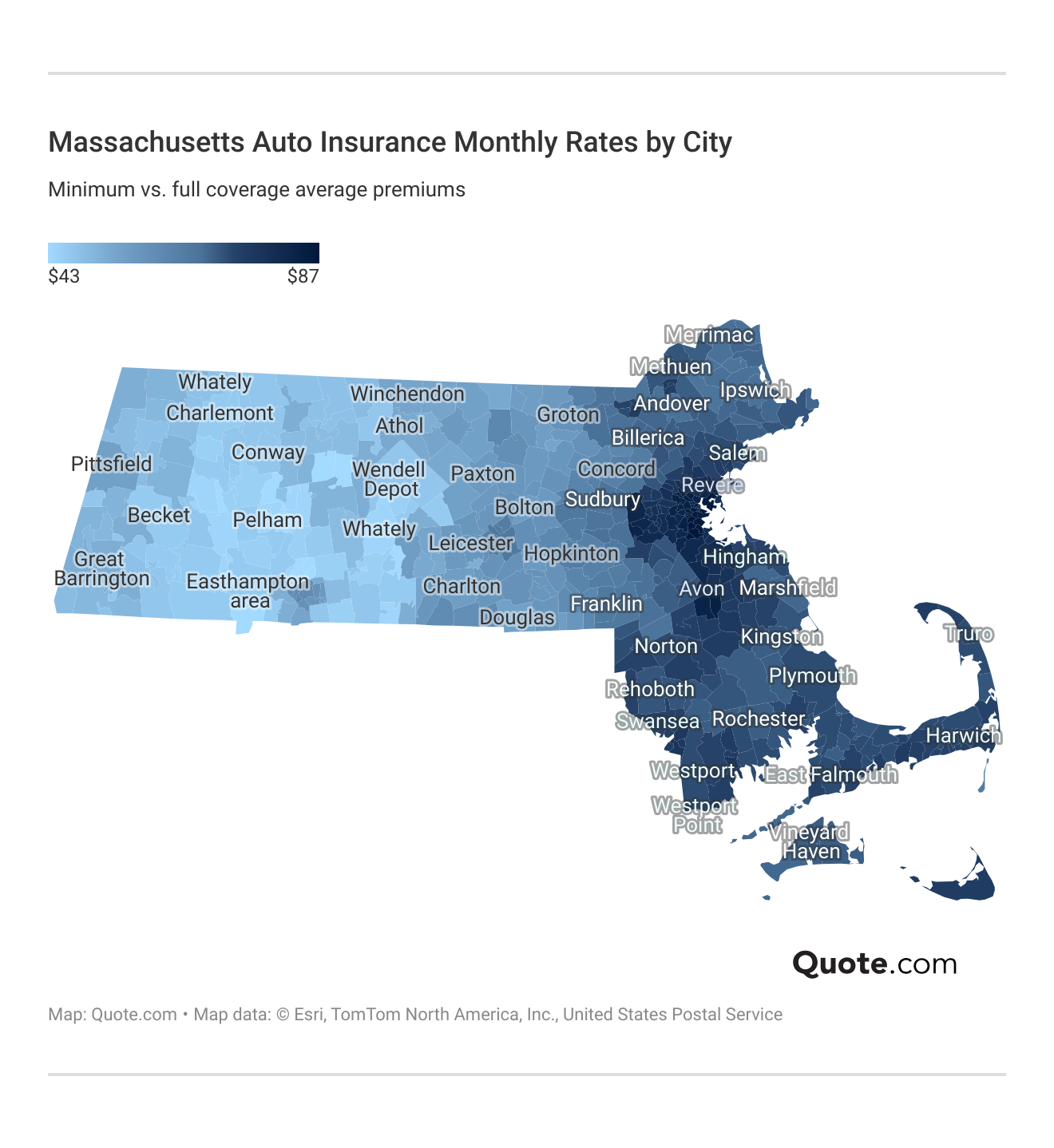 Massachusetts  Auto Insurance Monthly Rates by City